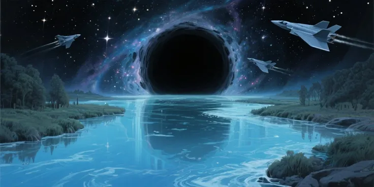 A huge black hole-like hole in the center of a transparent river where you can see all the way to the bottom. Inside the hole is...
