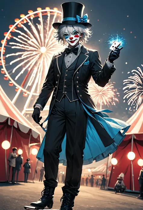 Poster. Realistic. Ultra-detailed. Top camera angle. Action pose. Composition: A beautiful androgynous boy dressed as a clown wi...