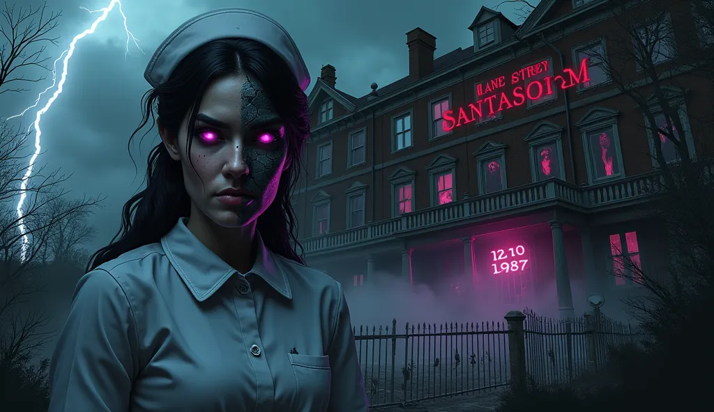 Visual Elements:
Foreground:
Ava Mills in a nurse’s uniform, her face split:
Left side: Normal, determined expression.
Right ...