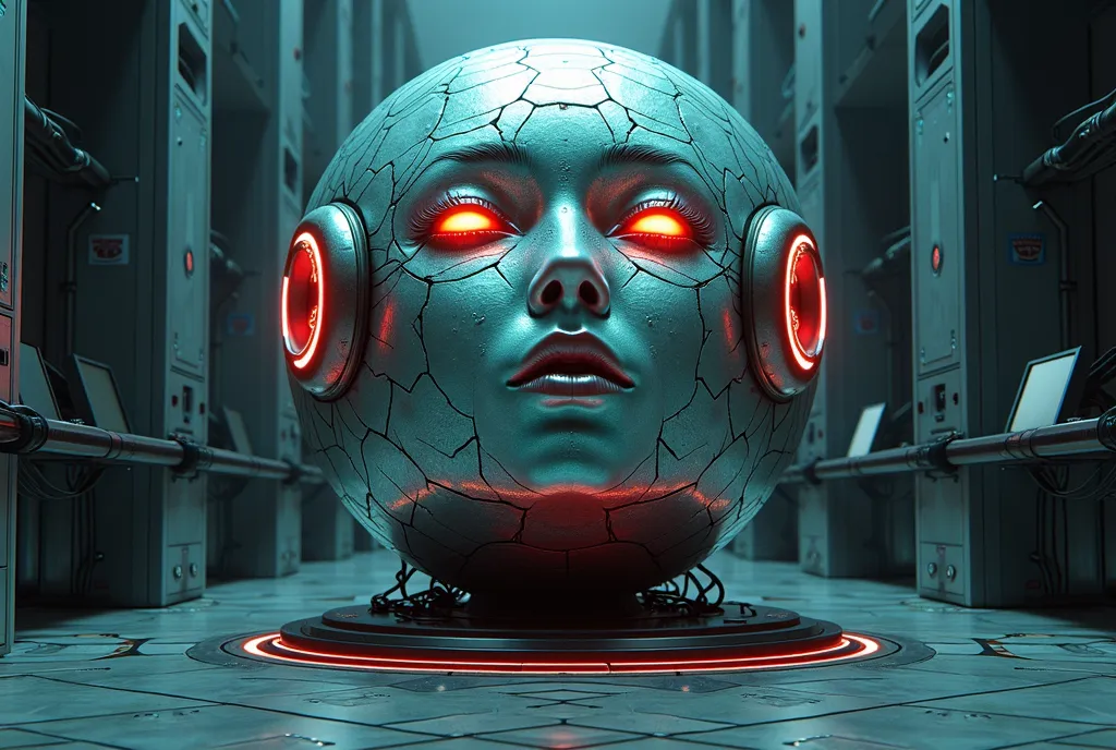 Huge Mother Computer、spherical、Iridescent fractal surface、a woman's face protrudes on the surface、has regular seams。has red eyes...