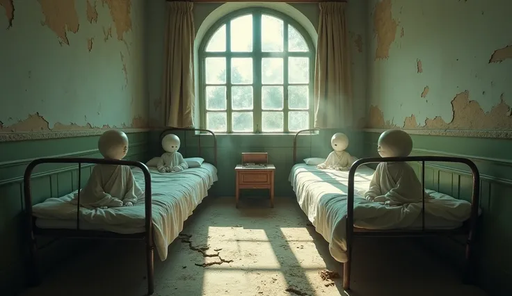 "8K photo of the ren's ward with peeling walls. On the beds — translucent figures of ren in white robes, their faces hidden by s...