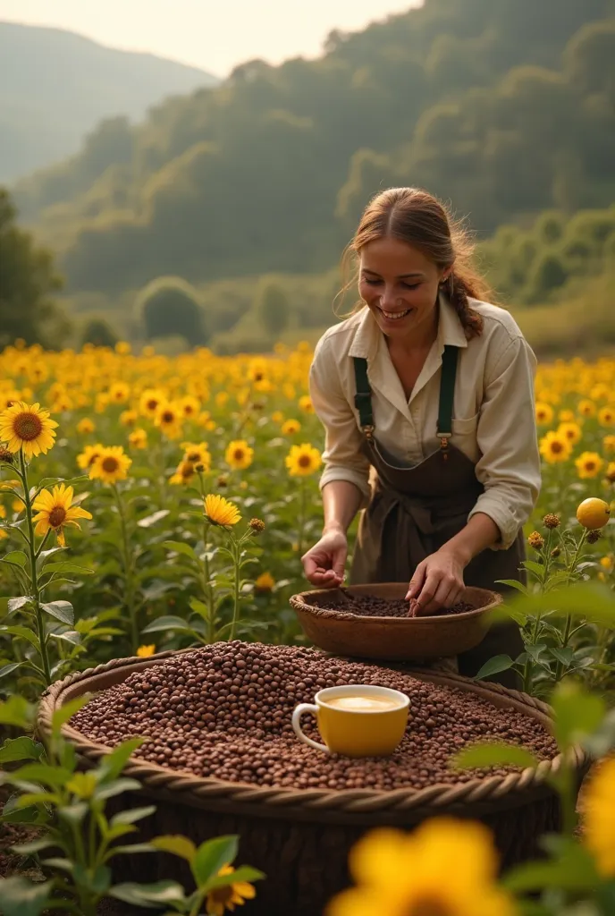CREATE ME AN IMAGE DEDICATED TO THE FIELD WITH A FARMER HARVESTING CELECTIVE COFFEE ON THE SIDE SOME ROASTED BEANS AND A CUP OF ...