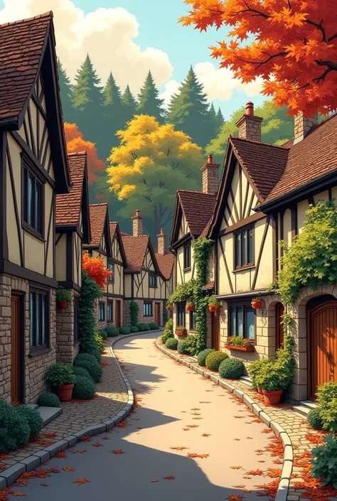 generate a manga stle image of A quaint, curving street lined with traditional, stone-built houses. The houses feature dark-bro...
