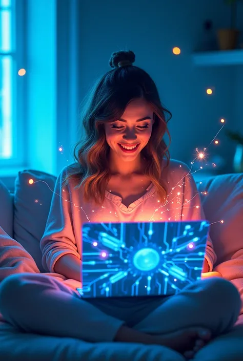 A happy woman using her laptop, with flashes of brilliant technology coming out of the screen that illuminate her face, in a fut...