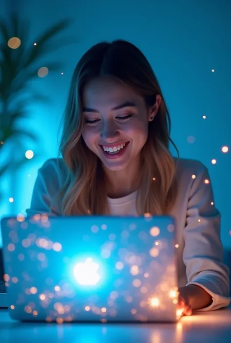 A happy woman using her laptop, with flashes of brilliant technology coming out of the screen that illuminate her face, colors a...
