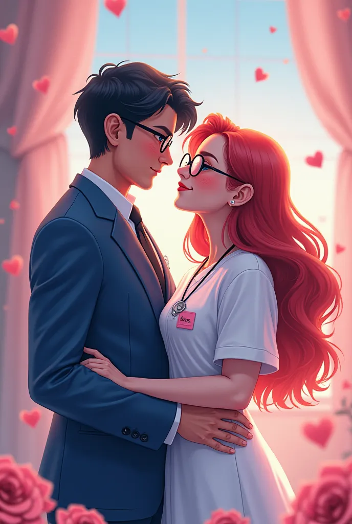 Scenario: A background that mixes soft shades of pink and blue, with romantic details such as floating rose petals or diffused c...