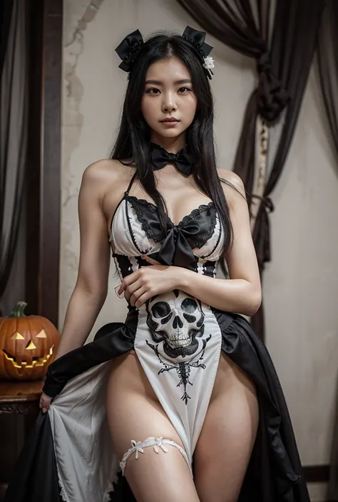 A handsome Korean man and a beautiful Korean woman with black and white hair wearing a white party dress The Gothic-inspired one...