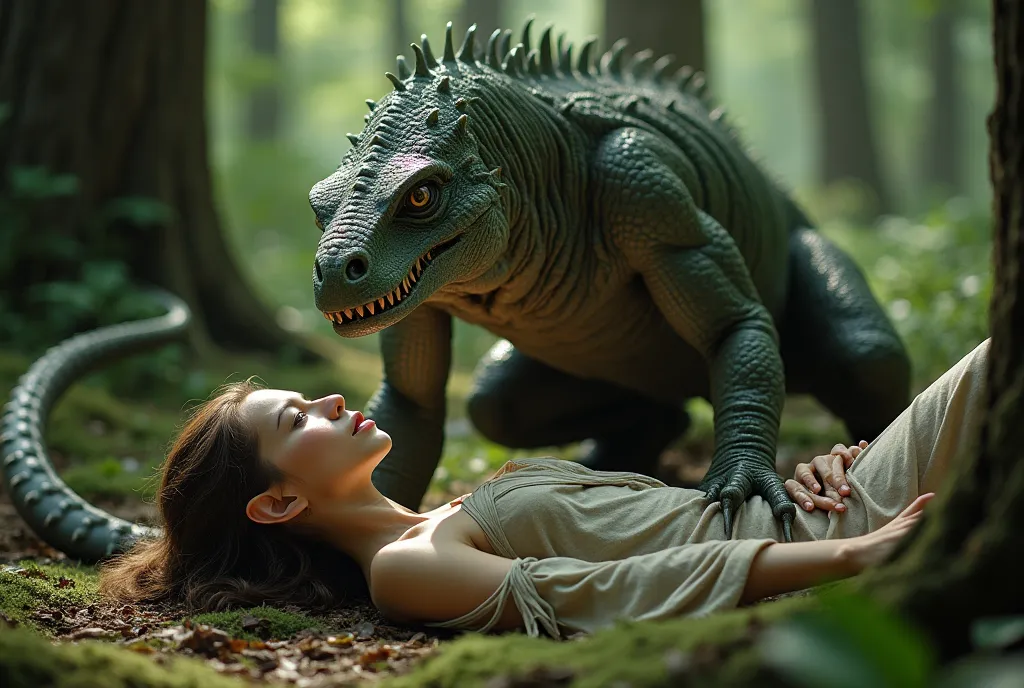 An elvish woman with delicate features and pointed ears lies on her back in a forest clearing, gazing up at a humanoid lizard cr...
