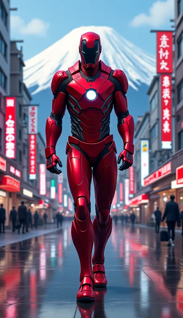 Gojo Satoru wearing Ironman red with black suit with blindfold anime version walking in Japan in realistic images