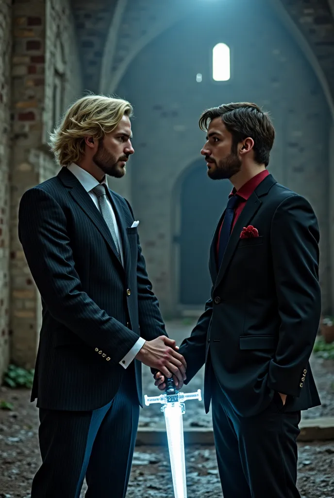 Handsome man with shoulder-length blond hair with a short beard , tall and loud, dressed in a black two-piece striped suit with...