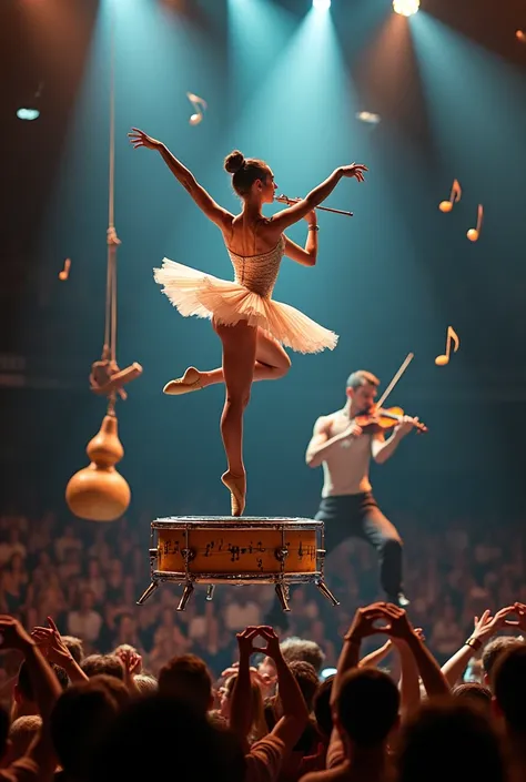 a ballerina wearing a dress with musical notes, jumping on a trampoline shaped like drums. playing the flute. another ballerina ...
