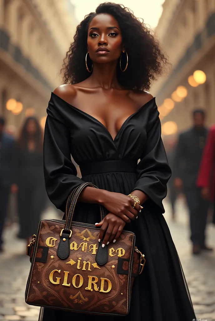 une femme noire qui tient un sac de luxe en main où il est écrit VETUS DE GLOIRE