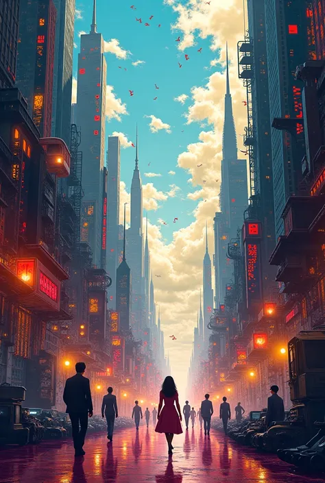 where musical notes build a skyscraper!a melody is played through the city、Draw a dream city built with music,rain of notes