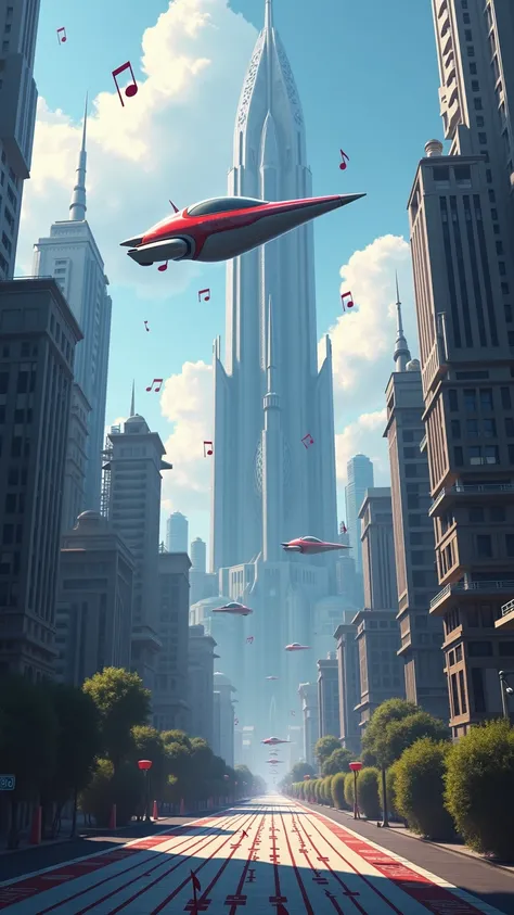 Sci-fi,
a futuristic city,
a road of musical staves,
a forest of skyscraper buildings,
a flying shaped like musical notes,