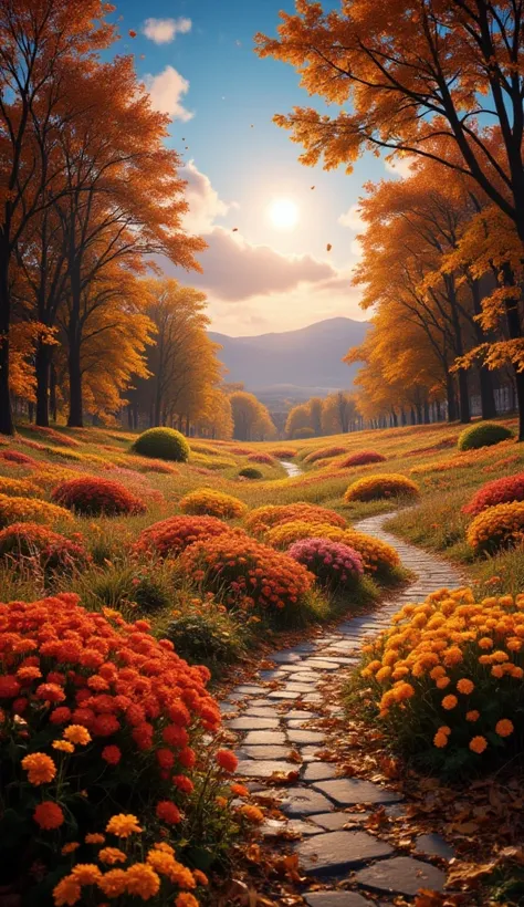 I am imagining a hyperrealistic image in a field with trees and a path filled with plants and flowers, bright colors, trees drop...