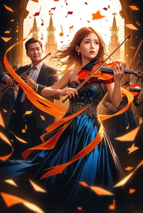 The sounds played by beautiful violinists form a baroque concert hall, The sound emitted from the instrument changes into musica...