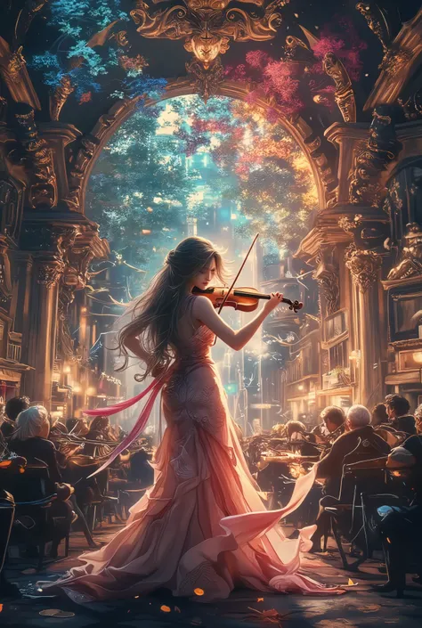 The sounds played by beautiful violinists form a baroque concert hall, The sound emitted from the instrument changes into musica...
