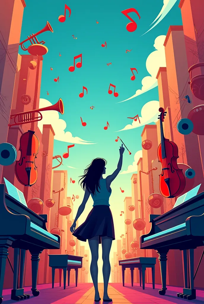 A vibrant fantasy illustration of a city built from musical instruments such as pianos, trumpets, violins, and drums. The scene ...