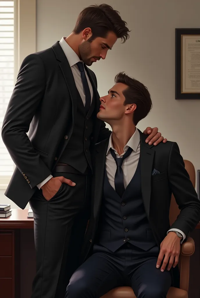 A handsome tall guy in suit kissing another short guy in suit who is sitting on the desk while he spread his legs tall guy stand...