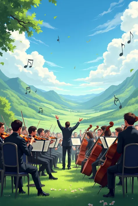 高画質、リアリスティック、音符が空を飛んでいる、オーケストラが音楽を演奏している、野外、青空