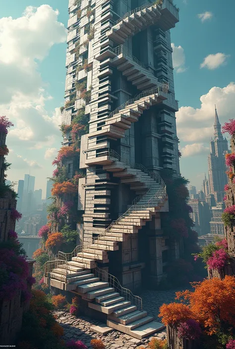 A skyscraper made of white and black keys、A staircase made of musical scales、colorful cityscape