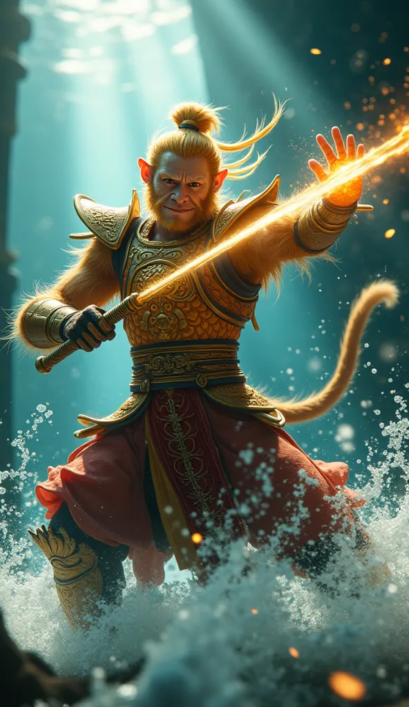 A hyper-realistic, cinematic underwater action scene featuring Sun Wukong (the Monkey King) performing a stylish, powerful swing...