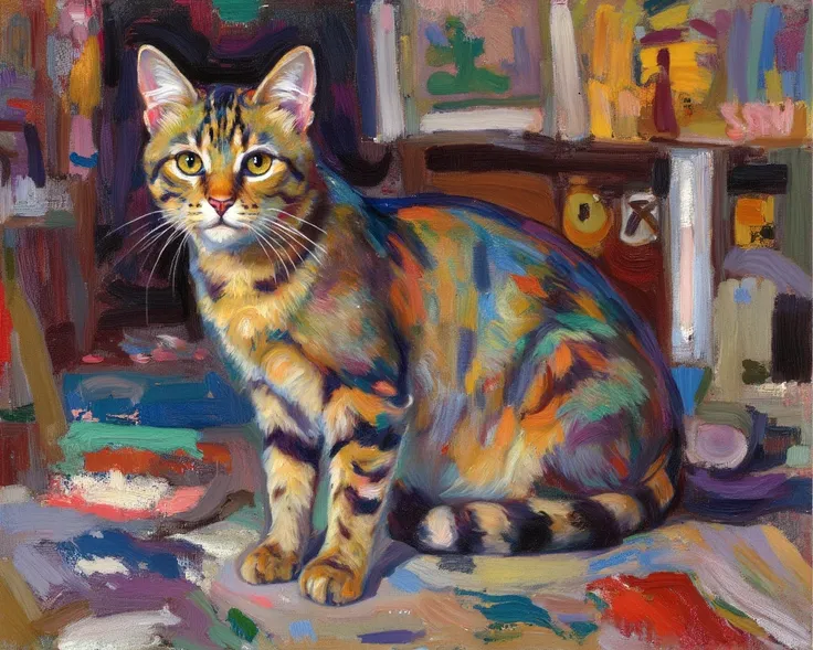 cat painting on canvas, colorful studio, creative mood