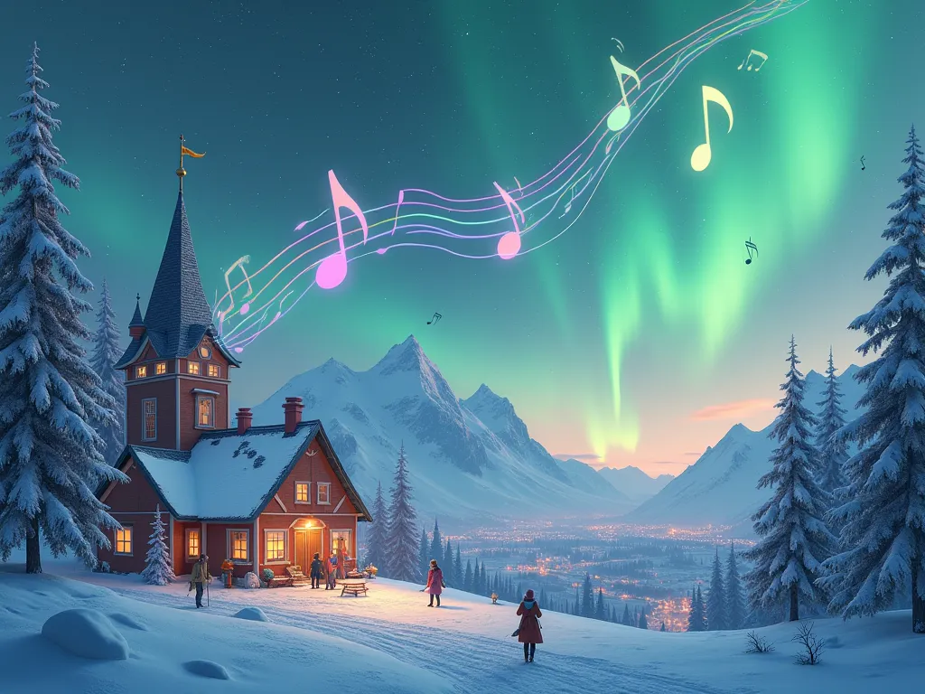 City in the north where music becomes manifested in aurora borealis, music notes in the sky, colorful, snow flakes shaped like m...