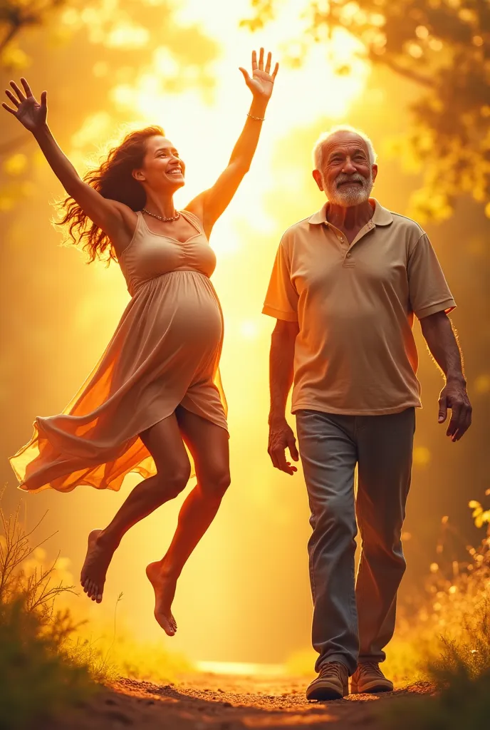 Multigenerational portrait: joyful jumping, smiling pregnant woman, strong happy elderly man, sunny background, vibrant and nat...