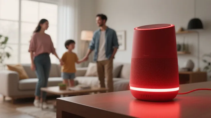 /imagine prompt: a smart speaker listening in a modern home, glowing red light, family in background, ultra-realistic, high-reso...