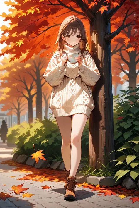 enjoying autumn leaves, flat bust, full body in frame, cozy sweater, medium-length hair, holding a cup of tea, transparent backg...