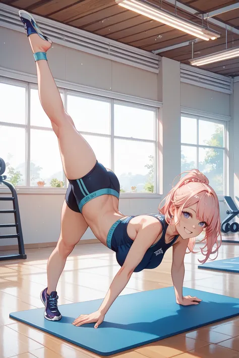 Masterpiece, high quality, on a gymnastics mat, while doing yoga poses in 30's yoga wear,
She is smiling as she gazes at her st...
