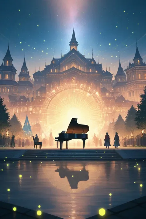 A fantastical town where all buildings are crafted from giant musical instruments. Huge violins and cellos stand as houses, a gr...
