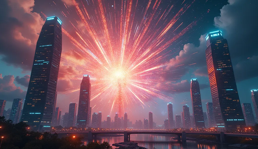 "A colossal, blinding explosion of light and data at the center of a futuristic city, symbolizing the moment when artificial int...