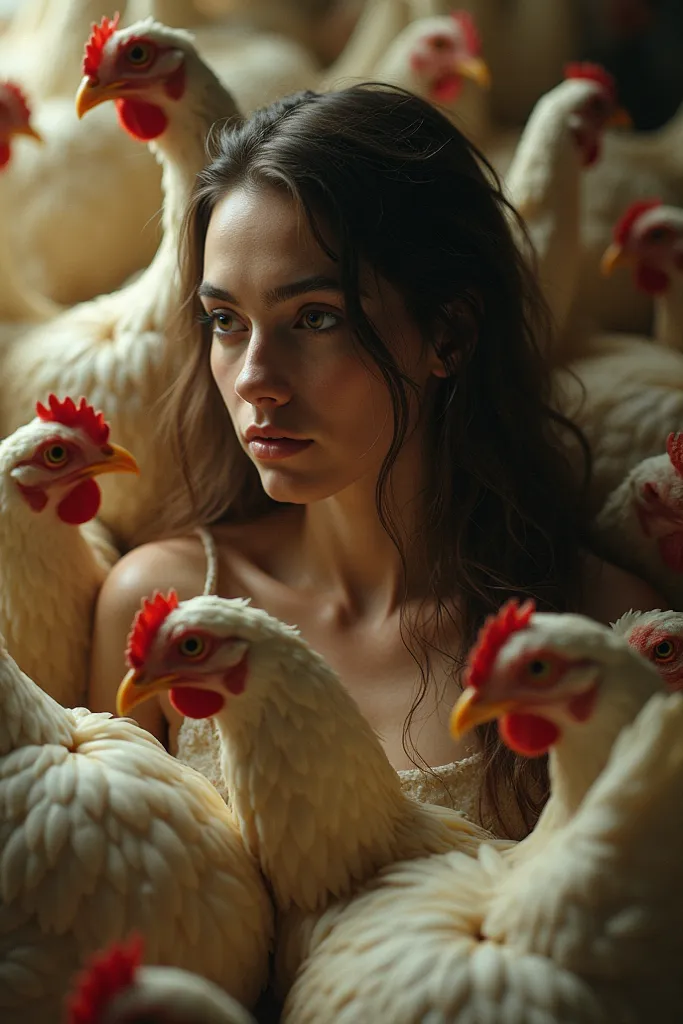Image of a woman with her surroundings full of chicken hides