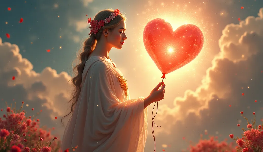 God with a heart balloon in his hand hyper realistic illustration