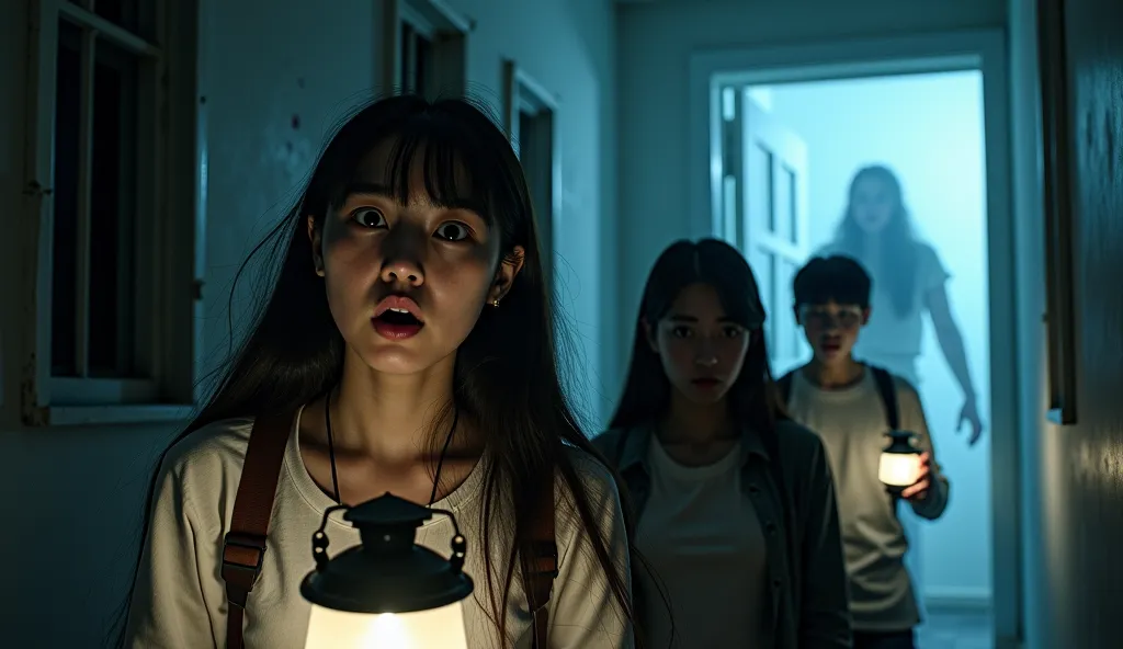 Prompt:
"A tense and eerie scene featuring a group of frightened people resembling Jungkook, Irene, Rebecca Patricia Armstrong, ...