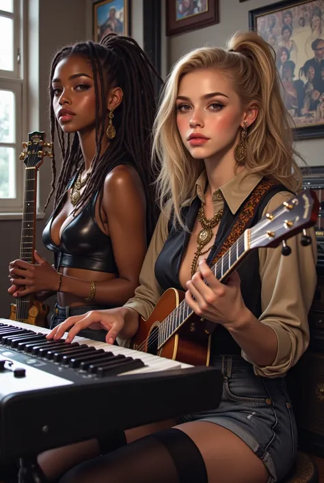 masterpiece, best quality, high resolution, 8k,realistic, photorealistic: 1.3,((A black girl and white girl musical duo group))...