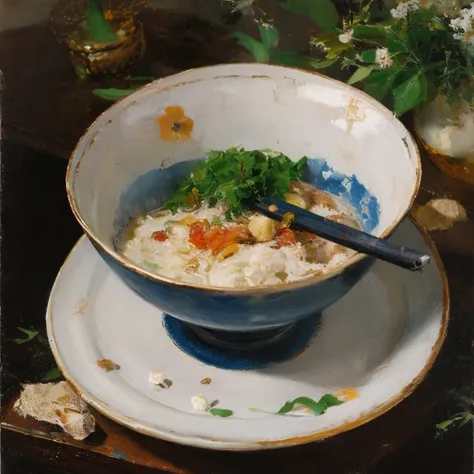 (oil painting: 1.5),
\\
Grey-haired girl, rubio, oil painting, a painting of an exhibitor with broken blue bowls and bowls , ...