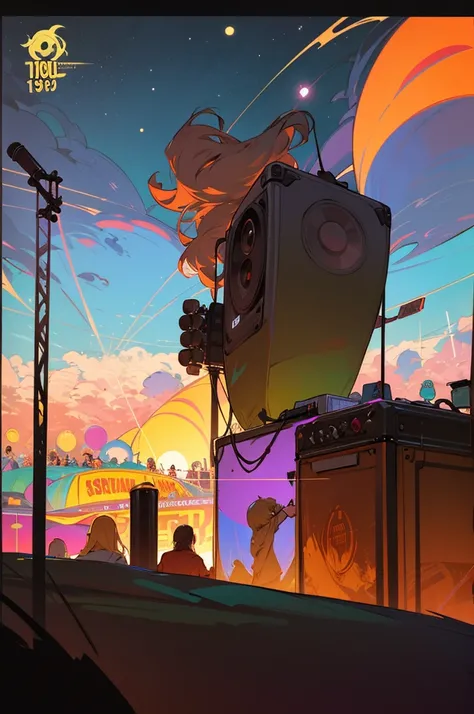 Art style of Paul Lehr. Woodstock Music Festival 1969. Night time. Overhead crowd shot, bird's-eye view. Sound stage, banks of l...