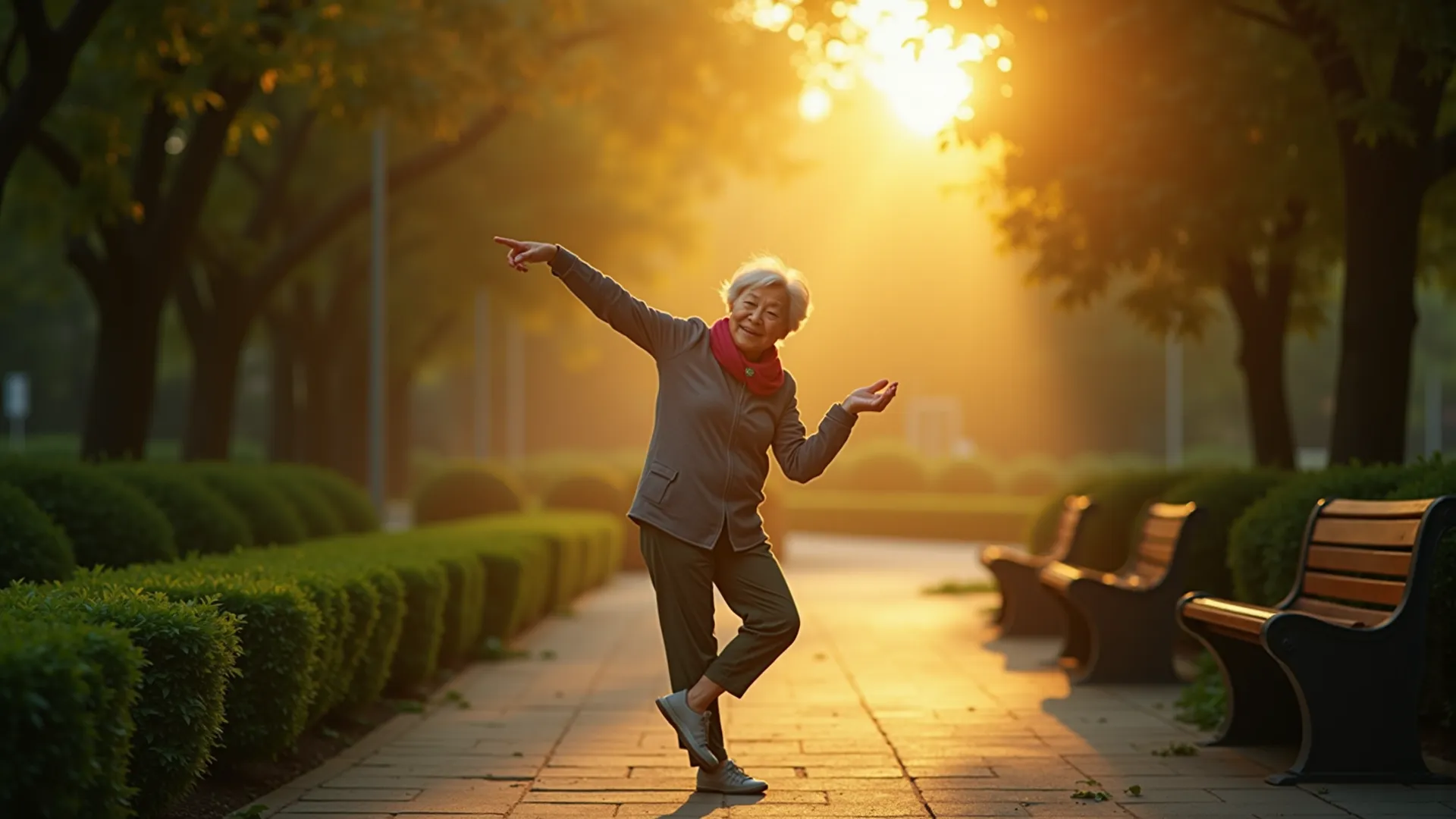 Mrs. Nguyen stretching her legs before morning walk in a peaceful park, sunrise light