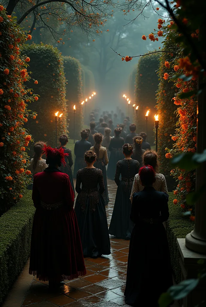 An opulent Renaissance–Gothic masked ball set in a shadowy garden at midnight, torchlight flickering on marble statues and flowe...