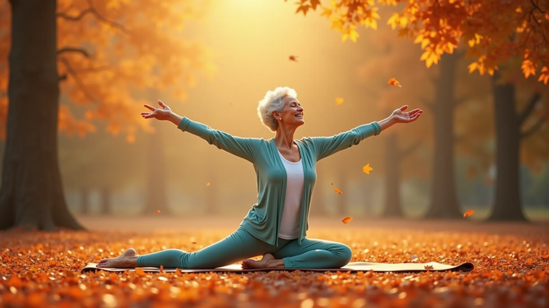 Senior woman doing light stretching exercises outdoors, strong leg focus, autumn leaves around