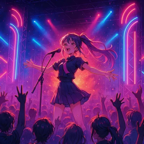 idols who turn their eyes away、The artist is a young girl、solo live、performs live in the midst of a large audience、shines in ne...