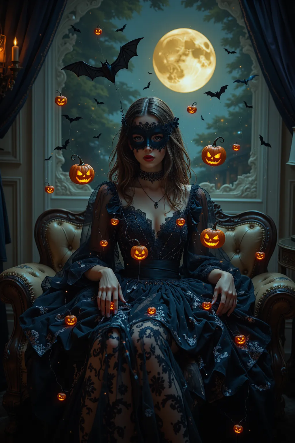 An elegant 24-year-old woman with glowing pearlescent skin sits poised on a moonlit Victorian sofa during a supernatural masquer...