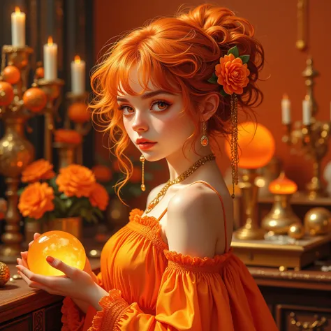 A beautiful girl with orange curly hair styled in a beautifully messy bun hair with orange flower hair ornament. She has beautif...