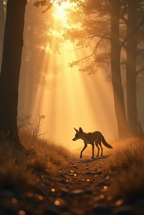. "A thin, hungry fox with bright eyes wandering through a misty, dry forest at sunrise, shafts of light cutting through the tre...