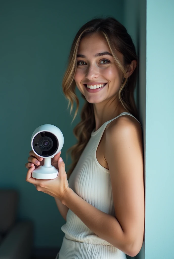 creating an image of a young woman, sentada, showing the side, North American , branca, holding a security camera in her hands, ...