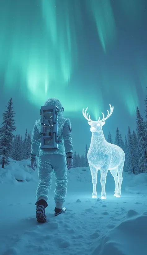 "Frozen Canadian wilderness, alien researchers in glowing suits studying crystalline deer-like creatures, auroras warp reality, ...