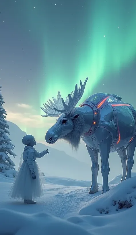 "Alien playing with a crystalline moose, their parents watching from a sleek silver ship, northern lights reflecting on the sno...